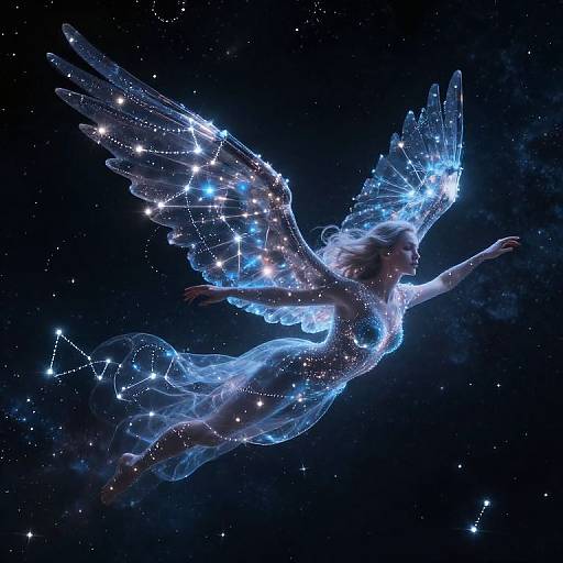 Digital artwork of a glowing, ethereal angel with blue, starlit wings and translucent dress, soaring through a starry night sky.