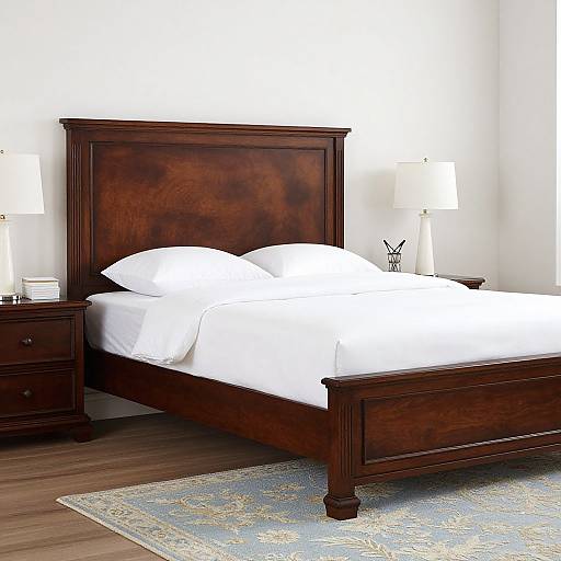 Photograph of a classic wooden bed with white linens, flanked by two white lamps on dark wooden nightstands, on a blue patterned rug
