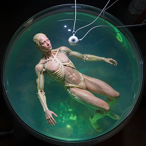 Photograph of a lifelike, bald humanoid robot with exposed mechanical joints floating in a transparent, green-lit, circular tank with a white sensor