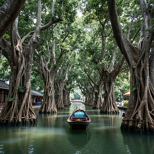 Photograph of a narrow, tree-lined canal with a small boat centered, featuring towering, root-covered trees and reflections on calm water.
