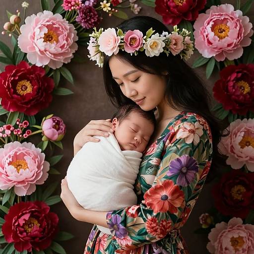 Asian Mother with Newborn in Floral Embrace