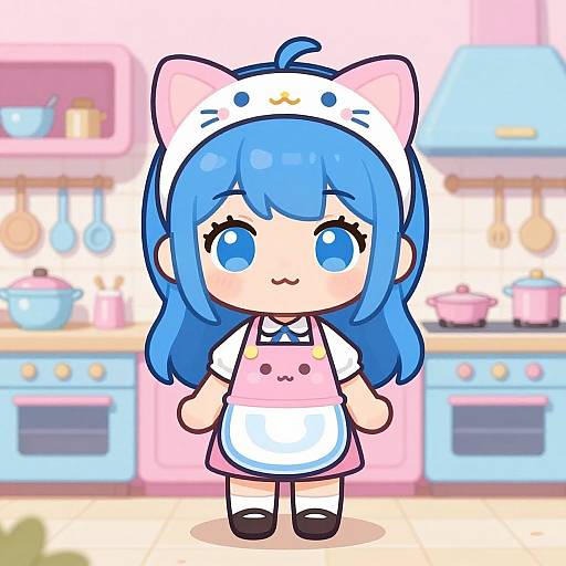 Cute chibi-style digital drawing of a blue-haired girl in a cat-themed apron and hat, standing in a pastel kitchen.