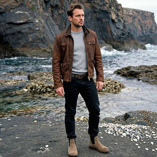 Photograph of a handsome man with short brown hair, wearing a brown leather jacket, gray sweater, black jeans, and tan boots, standing on a