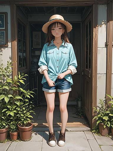 Digital anime-style drawing of a young woman in a blue shirt, denim shorts, black sneakers, and straw hat, standing in a sunlit doorway with