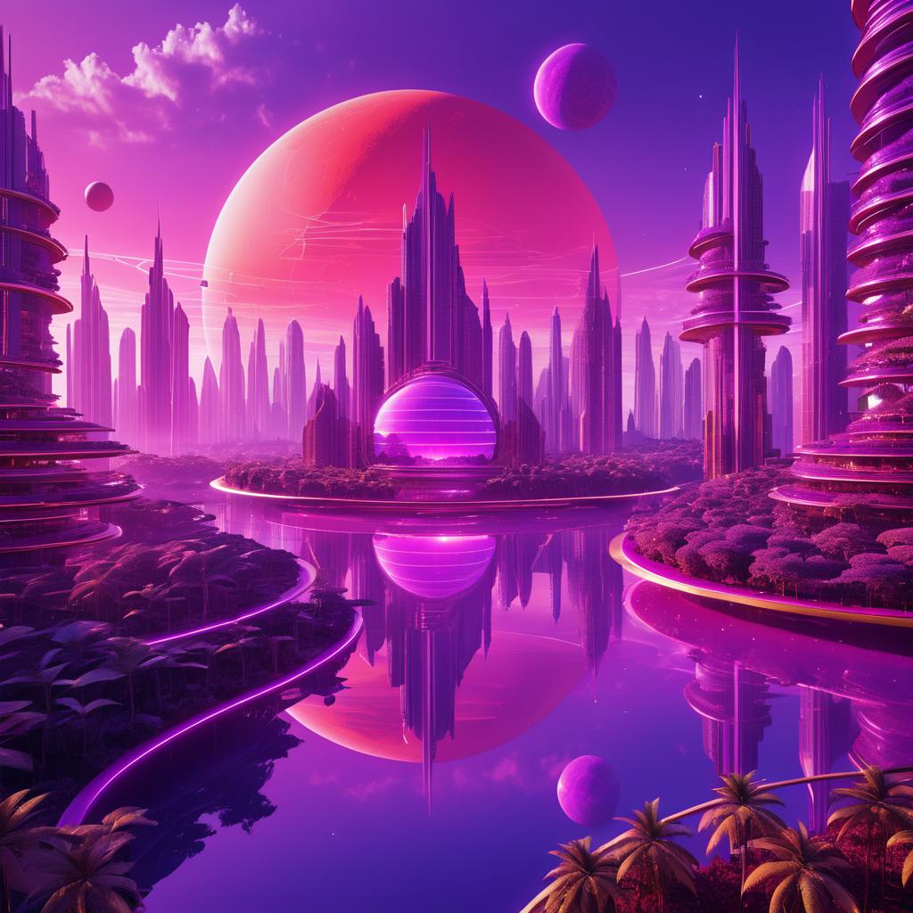 Futuristic Utopia: Red Sun and Purple Sky