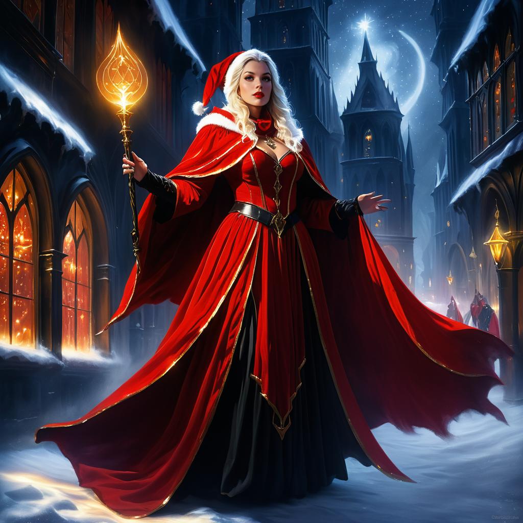 Sorceress Santa in Dark Cityscape