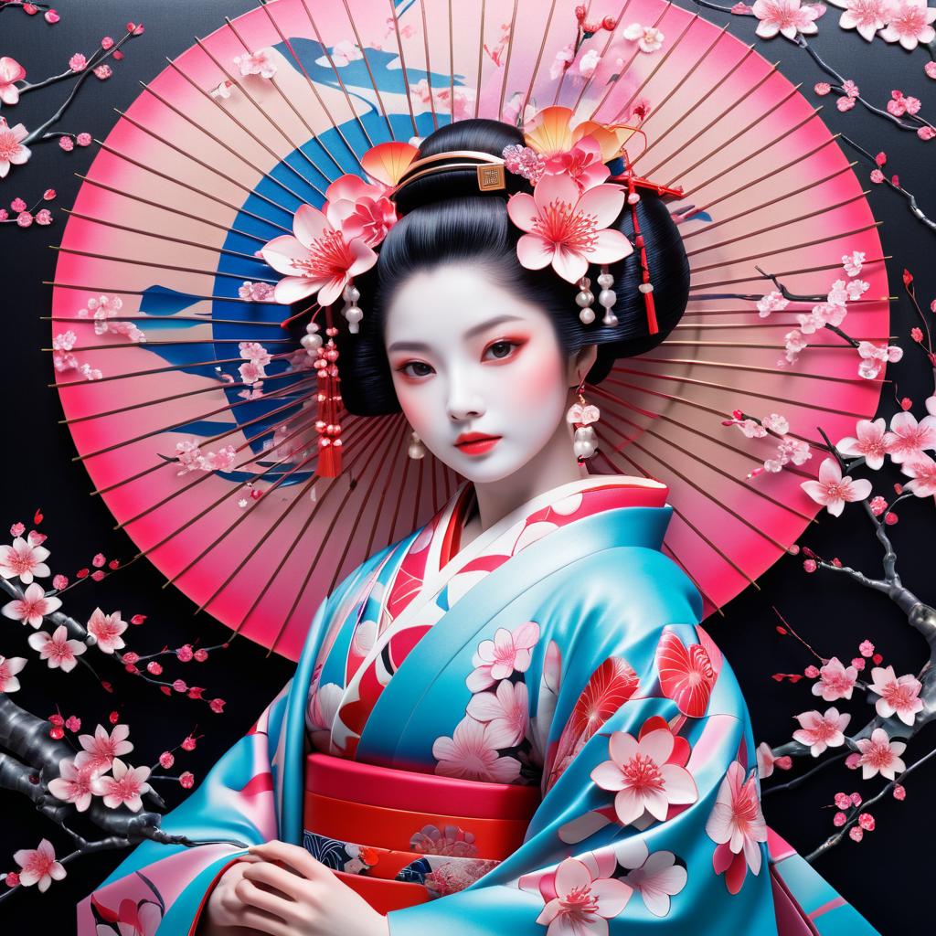 Surreal Geisha with Cherry Blossoms Art