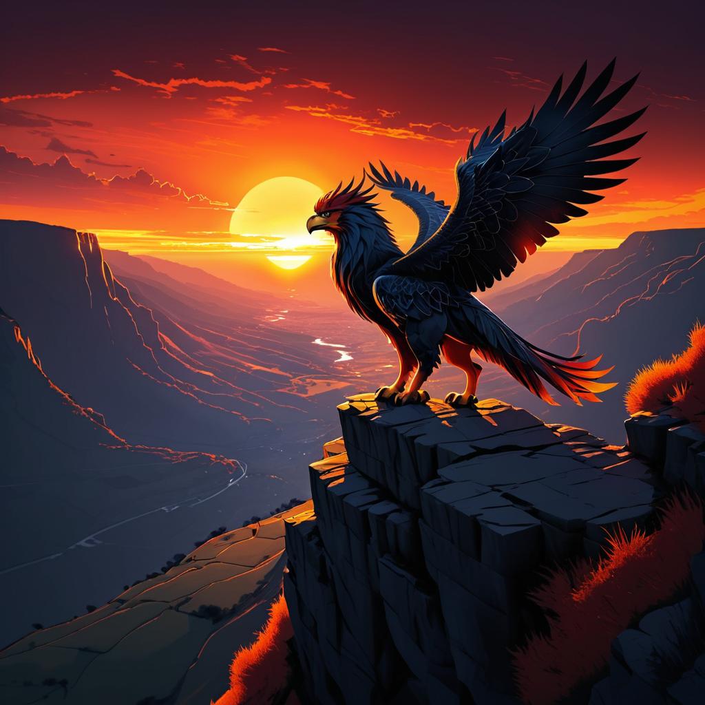 Griffin Overlooking a Fiery Sunset