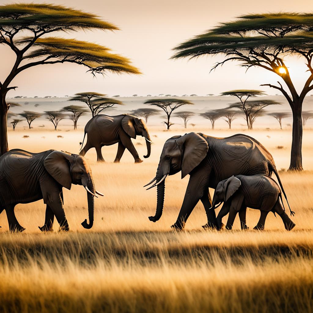 Hyperrealistic Family of Elephants in Savanna