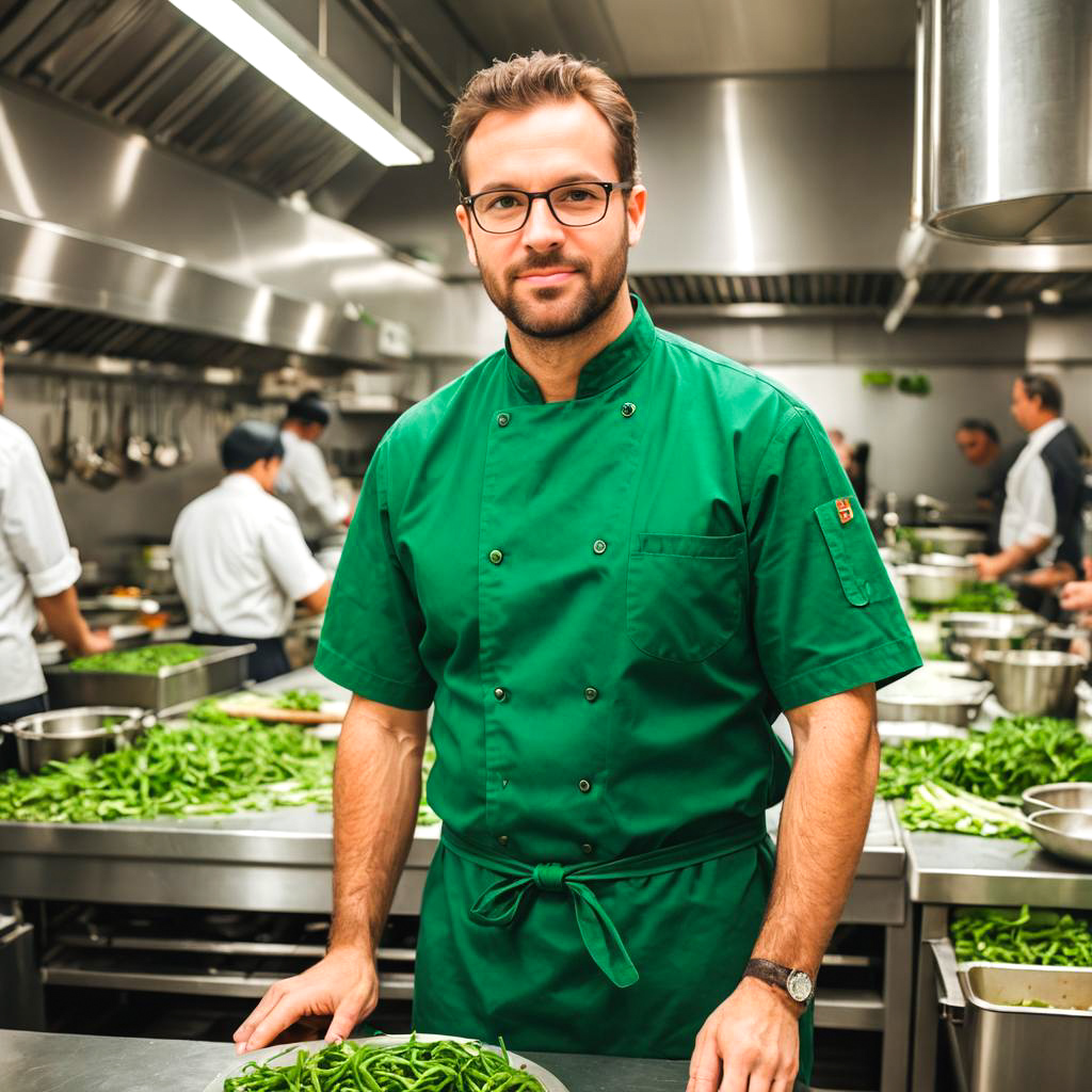 Chef in Busy Kitchen with Green Choker