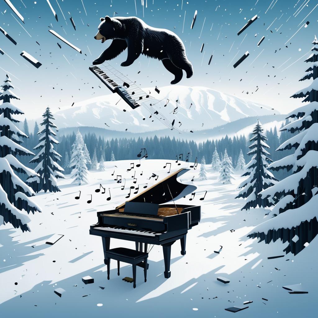 Surreal Piano Plunge in Snowy Landscape