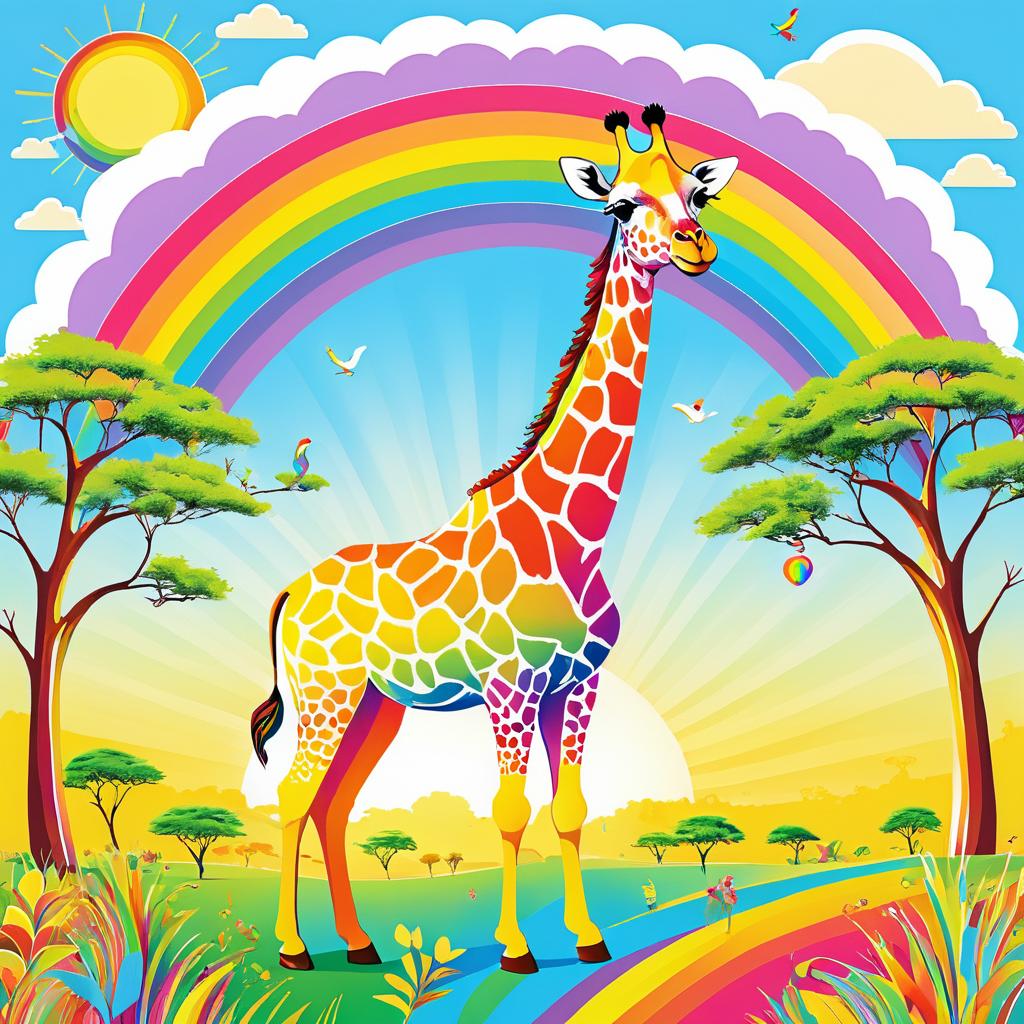 Cheerful Giraffe Painting a Rainbow