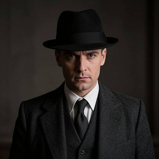 Photograph of a serious middle-aged man in a black suit, white shirt, black tie, and black fedora, against a dark background.