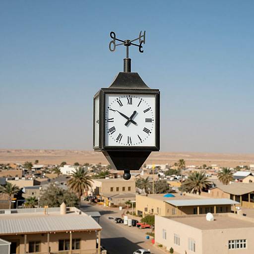 Photograph of a black, square clock with a weather vane, hanging above a desert town with beige buildings, palm trees, and a clear blue