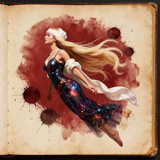 Digital artwork of a blonde woman in a cosmic-patterned dress, white headband, and flowing white shawl, against a red splatter background.
