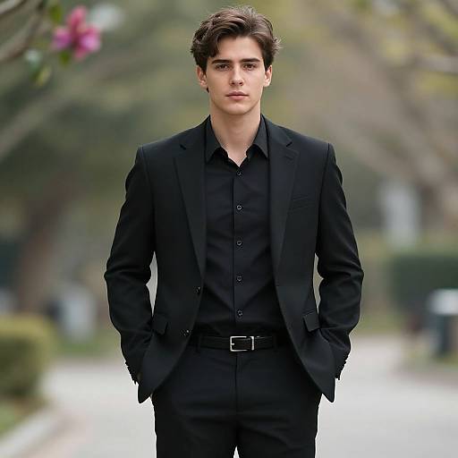 Photograph of a young, handsome Caucasian man with dark brown hair, wearing a black suit, black shirt, and black belt, standing with hands in