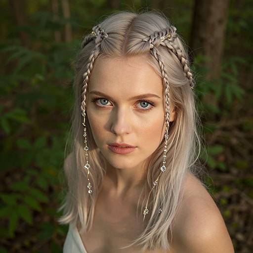 Photograph of a fair-skinned, blue-eyed woman with platinum blonde hair in intricate braids, adorned with gold chains, standing in a forest.