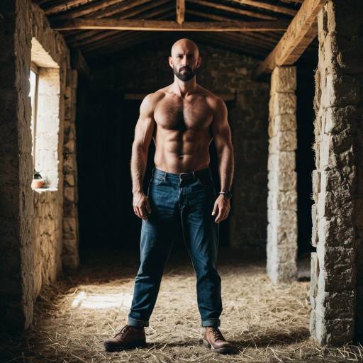 Shirtless Man in Rustic Barn