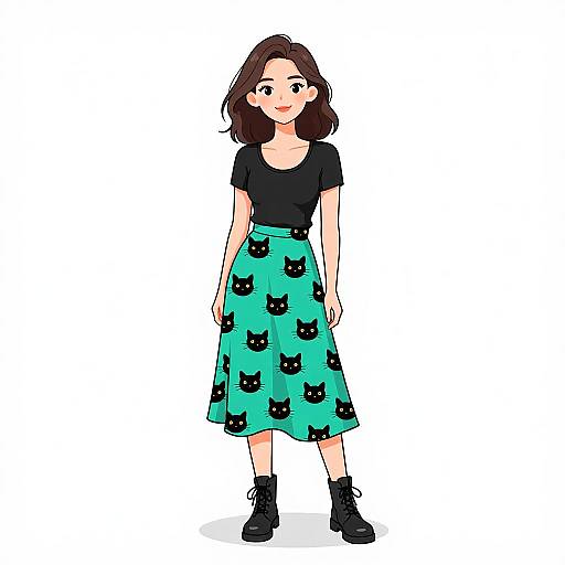Digital anime-style drawing of a smiling woman with dark brown hair, black top, and turquoise skirt with black cat faces, wearing black ankle boots.