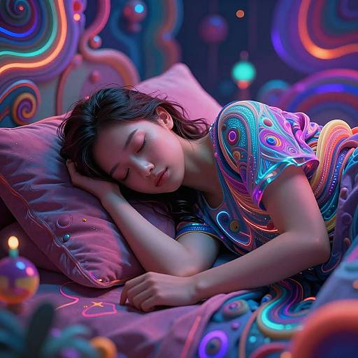 Photorealistic digital artwork of a young woman with closed eyes, sleeping on a purple pillow in a neon-lit, dreamy room with swirling,