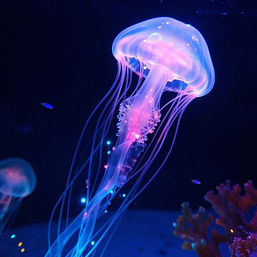 Photograph of a glowing, translucent blue and pink jellyfish with long, flowing tentacles against a dark blue aquarium background.