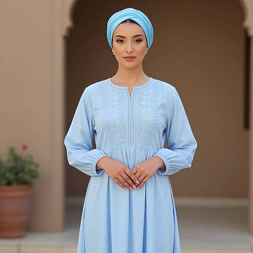 Woman in Sky Blue Dress and Turban