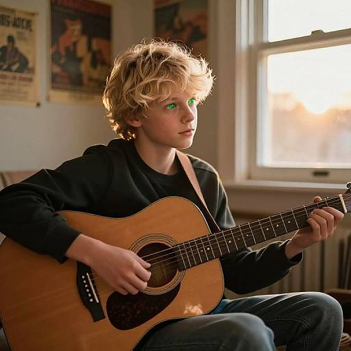 Blonde Boy Playing Guitar at Sunset
