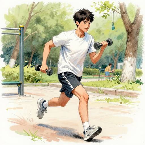 Digital illustration of an Asian man in a white T-shirt, black shorts, and white sneakers, running outdoors with dumbbells, surrounded by a lush