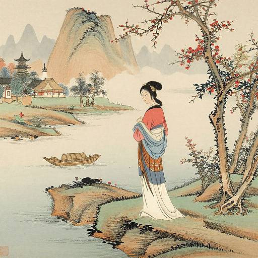 Traditional Japanese woodblock print of a woman in a red kimono standing on a riverside cliff, with mountains, boat, and tree.