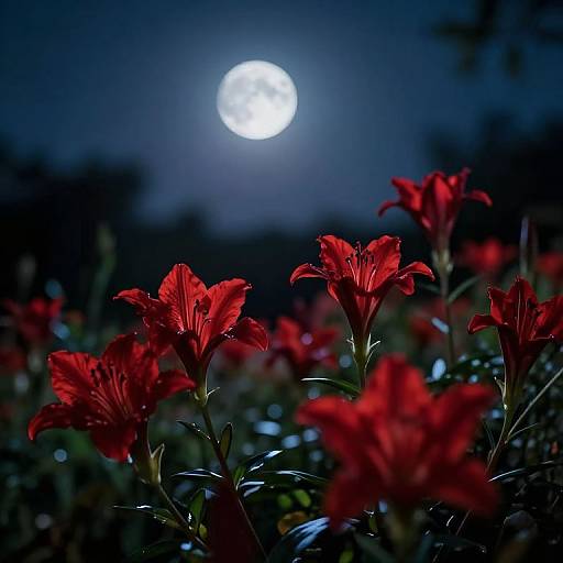 Photograph of vivid red lilies in foreground, illuminated by a full moon in a dark, midnight blue sky.