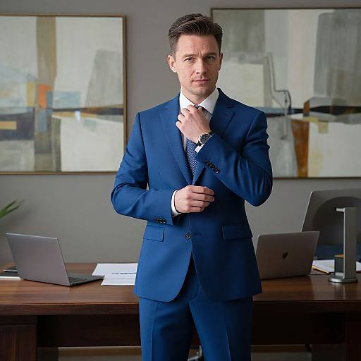 Photograph of a handsome man in a blue suit, white shirt, and navy tie, standing in a modern office, adjusting his tie, with abstract