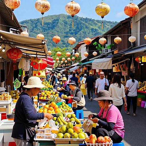 Photograph of vibrant outdoor market with colorful hanging lanterns, vendors selling tropical fruits, and customers browsing; mountainous background.