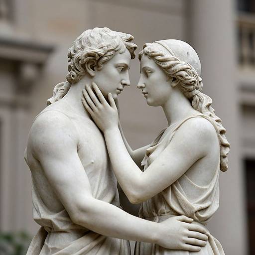 Photograph of two classical white marble statues, a man and a woman, gazing tenderly at each other, with the woman's hand gently touching