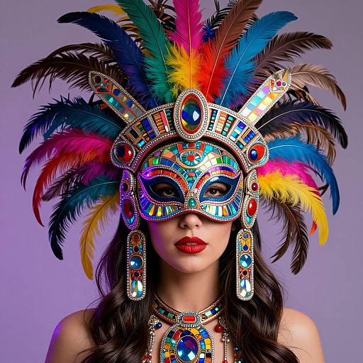 Photograph of a woman in vibrant, colorful Mardi Gras-style mask with large feathers, adorned with jewels and intricate designs, against a purple background