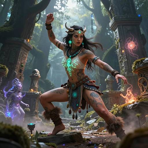 Digital fantasy art: Tattooed, glowing-ornamented warrior woman in tribal attire, horns, and glowing chest piece, poised in a mystical forest