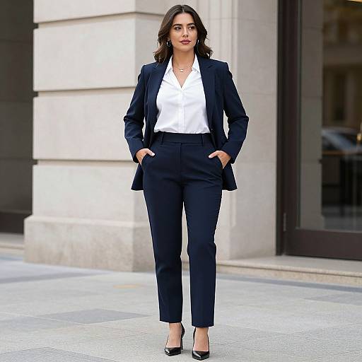Photograph of a confident woman with dark hair, wearing a black blazer, white blouse, black pants, and black heels, standing with hands in