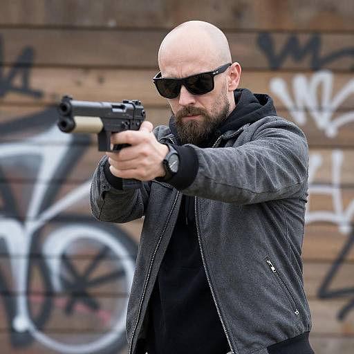 Bald man aiming with submachine gun