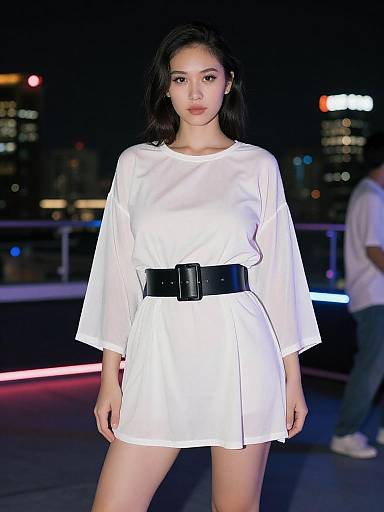 Photograph of an Asian woman with straight black hair wearing a white, loose-fitting dress with black belt, standing at night on a rooftop with city