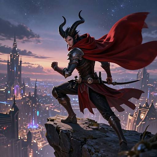 Digital artwork of a dark-haired, horned warrior in black armor and red cape, standing on a cliff at twilight, overlooking a glowing, futuristic city