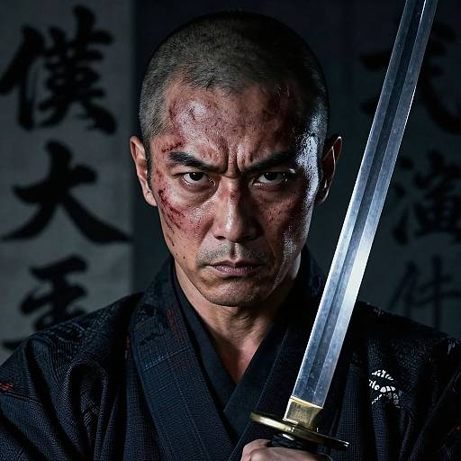 Photograph of a serious, middle-aged Asian man with short gray hair, blood on his face, holding a katana, wearing a black kimono