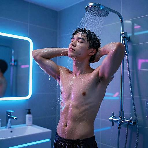 Cyberpunk Teen in Neon Shower