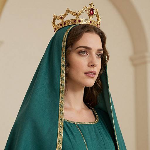 Photograph of a young woman with fair skin and brown hair, wearing a green velvet veil and gold crown with red gemstones, standing against a pale