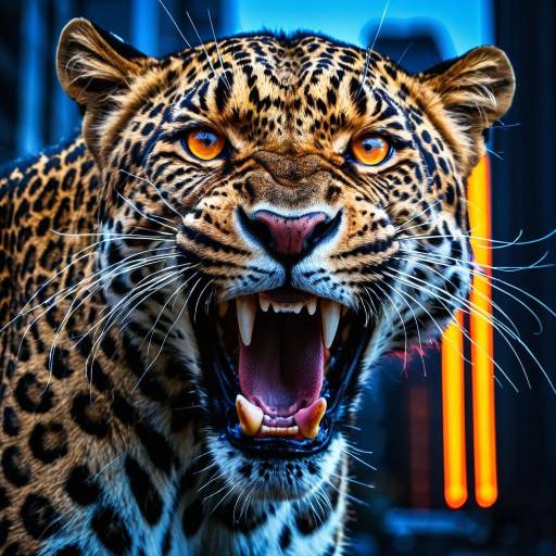 Hyper-realistic snarling male leopard with cyberpunk lighting