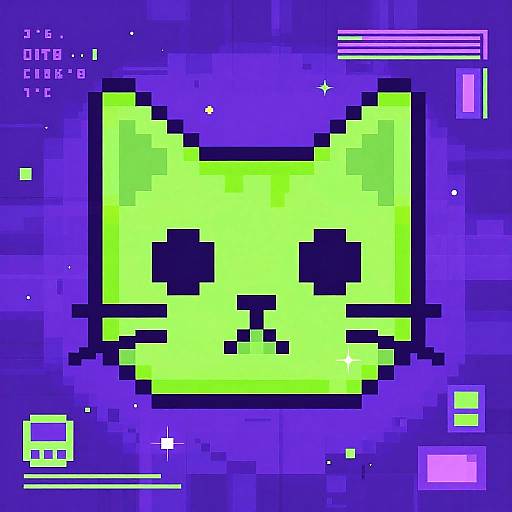 Pixel art of a neon green cat face with black eyes and a small pink tongue, set against a purple digital glitch background. Retro video game style.