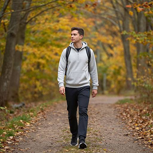 Photograph of a young man with short dark hair, wearing a white hoodie, black pants, and backpack, walking on a leaf-covered path in a