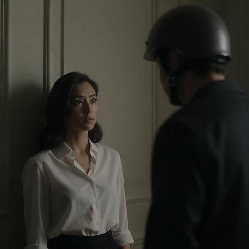 Dimly Lit Woman Facing Helmeted Figure