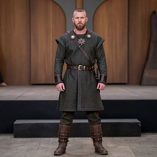 Photograph of a bearded man with a trimmed beard, wearing a black medieval-style tunic, brown belt, boots, and ornate brooch