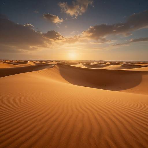 Photograph of a desert sunset with golden orange sand dunes rippled by wind, under a partly cloudy blue and orange sky.