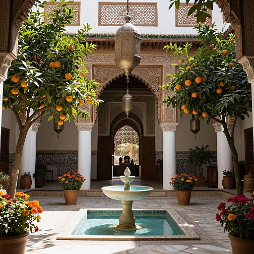 Photograph of a sunlit, ornate courtyard with orange trees, potted flowers, a central fountain, and intricate arches, blending Middle Eastern