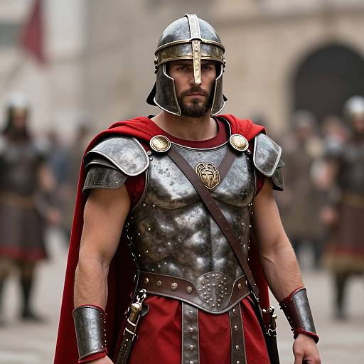 Photograph of a muscular, bearded man in ancient Roman armor with a red cape, metallic helmet, and emblemmed chest plate, standing in a
